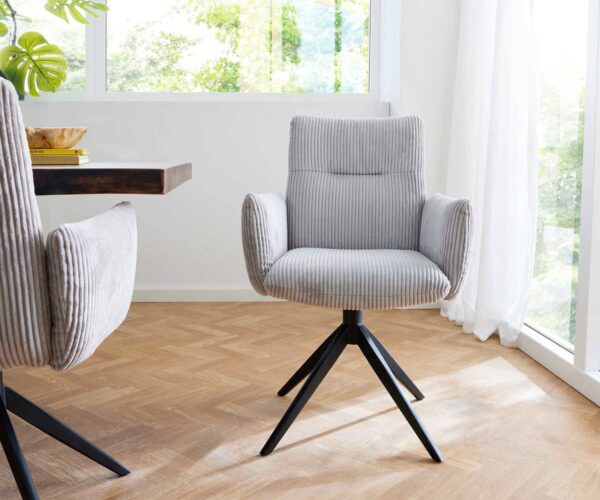Jedálenská stolička Jova-Flex s podrúčkami, krížový rám, široký kovový čierny, manšestr striebornošedý, 180° otočný, jadro s vreckovými pružinami - Image 2