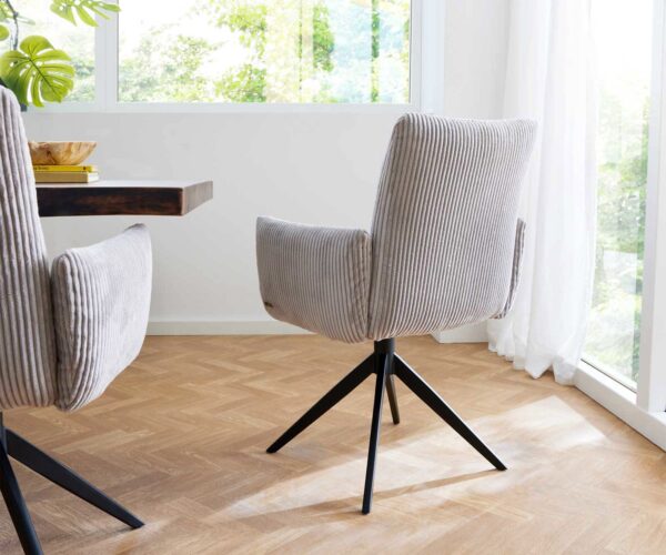 Jedálenská stolička Jova-Flex s podrúčkami, krížový rám, široký kovový čierny, manšestr striebornošedý, 180° otočný, jadro s vreckovými pružinami - Image 5