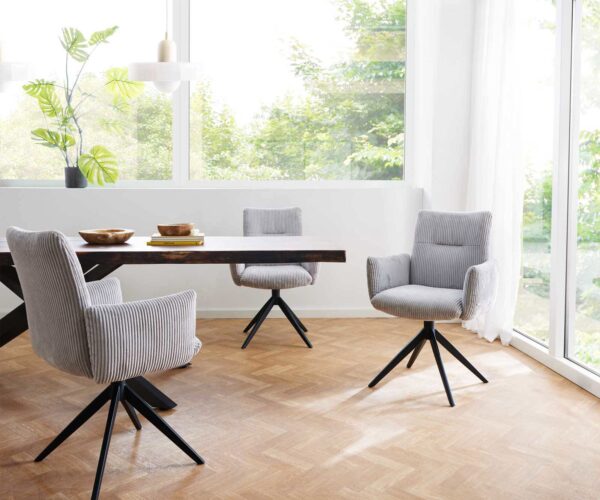 Jedálenská stolička Jova-Flex s podrúčkami, krížový rám, široký kovový čierny, manšestr striebornošedý, 180° otočný, jadro s vreckovými pružinami - Image 6
