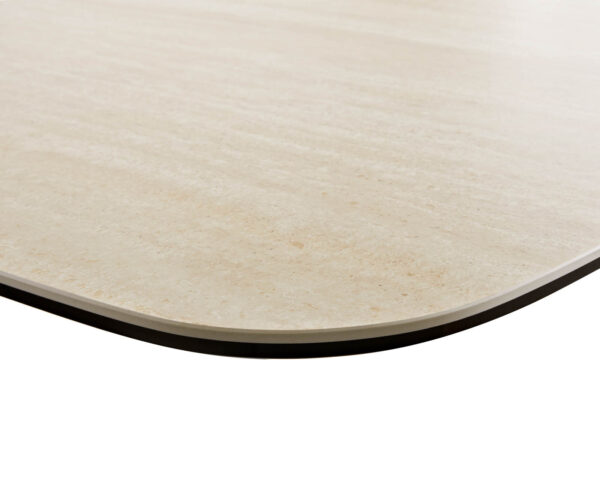 Jedálenský stôl Edge oválny 200x100 keramika travertín prírodná podstava v tvare V plochá oceľ čierna - Image 7