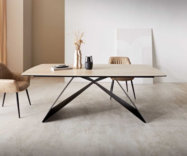Jedálenský stôl Edge oválny 200x100 keramika travertín prírodná podstava v tvare V plochá oceľ čierna - Image 5