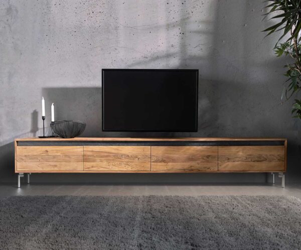 TV stolík Stonegrace 240 cm akácia natural 4 dvierka oválne nohy nerezová oceľ - Image 4