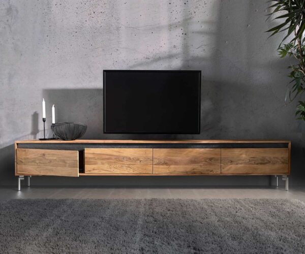 TV stolík Stonegrace 240 cm akácia natural 4 dvierka oválne nohy nerezová oceľ - Image 6