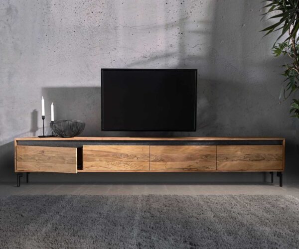 TV stolík Stonegrace 240 cm akácia prírodná 4 dvierka podstava oválna kov čierna - Image 6