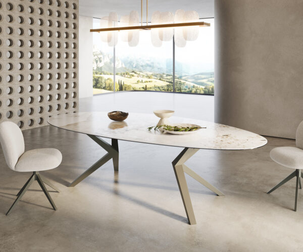 Jedálenský stôl Edge Oválny 280x130 keramika Minas Melange bielo-béžová Zenthara hranatý kovový efekt titánový - Image 4