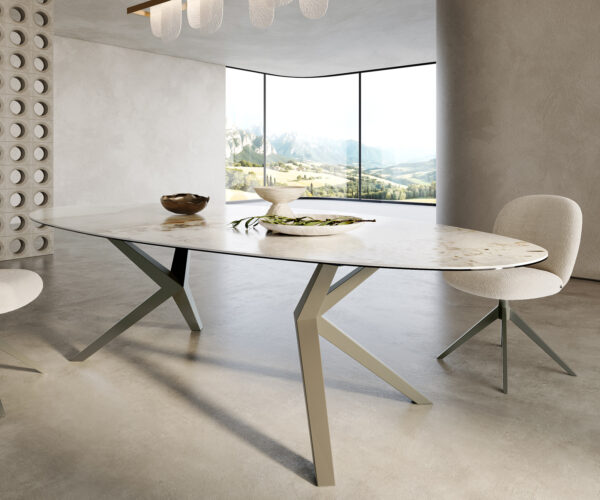 Jedálenský stôl Edge Oválny 280x130 keramika Minas Melange bielo-béžová Zenthara hranatý kovový efekt titánový - Image 6