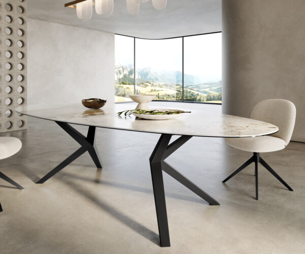 Jedálenský stôl Edge oválny 280x130 keramika Minas Melange bielo-béžová Zenthara hranatý kov čierna - Image 6