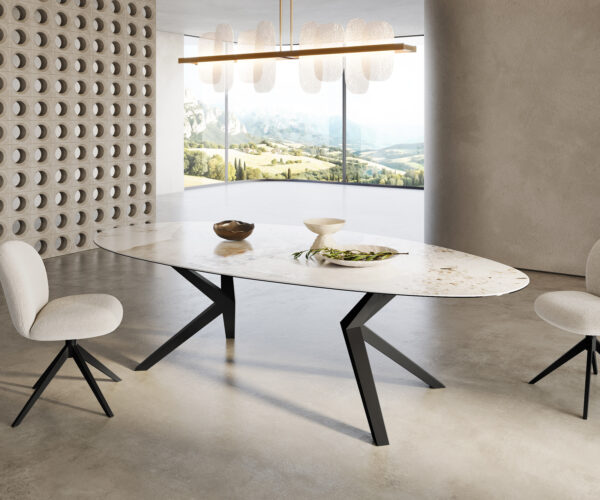 Jedálenský stôl Edge oválny 280x130 keramika Minas Melange bielo-béžová Zenthara hranatý kov čierna - Image 4