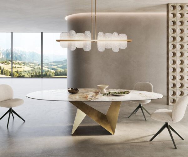 Jedálenský stôl Edge Oval 280x130 Keramika Minas Melange bielo-béžová Origami Metallic Gold