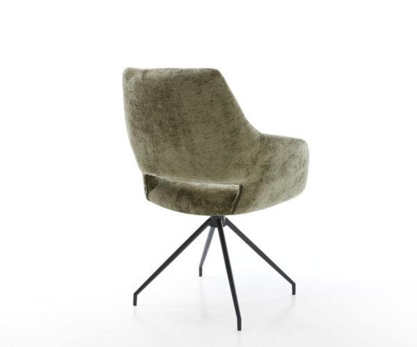 Jedálenská stolička Yago-Flex s podrúčkami, krížový rám, kužeľový kov, čierny, chenille olivový, otočné o 180° - Image 5