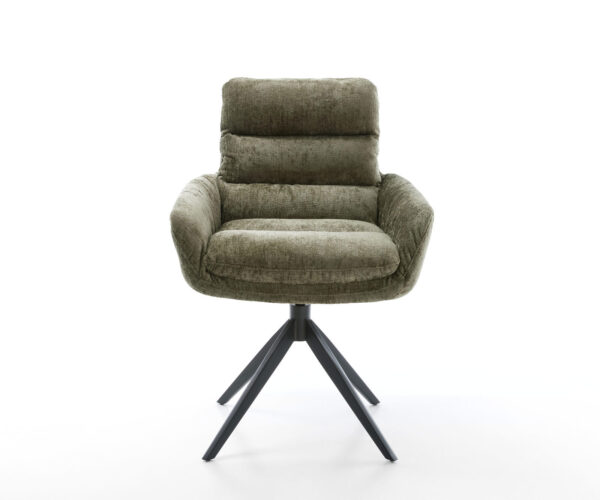 Jedálenská stolička Abelia-Flex s podrúčkami, krížový rám, široký, kovový, čierny, chenille olivový, otočný o 360°, funkcia hojdania - Image 2