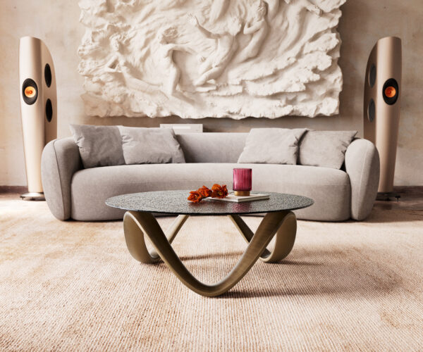 Konferenčný stolík Tanju 90x90 cm kovovo zlatý reliéfne sklo taupe - Image 2
